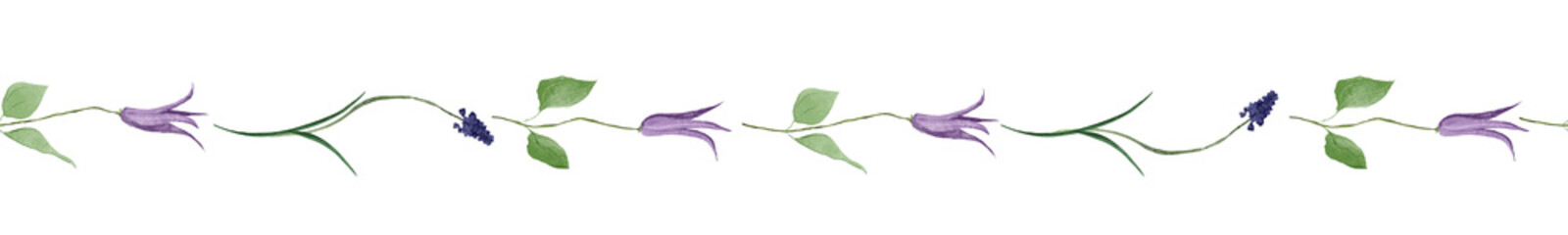 Floral border with delicate purple spring flowers, including bellflowers and muscari. Hand-drawn digital watercolor illustration with soft textures. Ideal for wedding, packaging, and invitations
