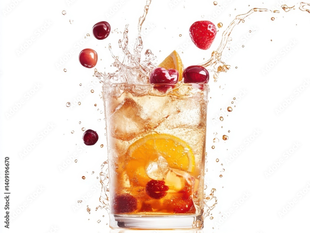 Poster refreshing cocktail with ice cubes orange slices cherries and strawberry creating a dynamic splash o