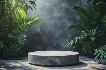 Empty gray stone pedestal surrounded by lush greenery