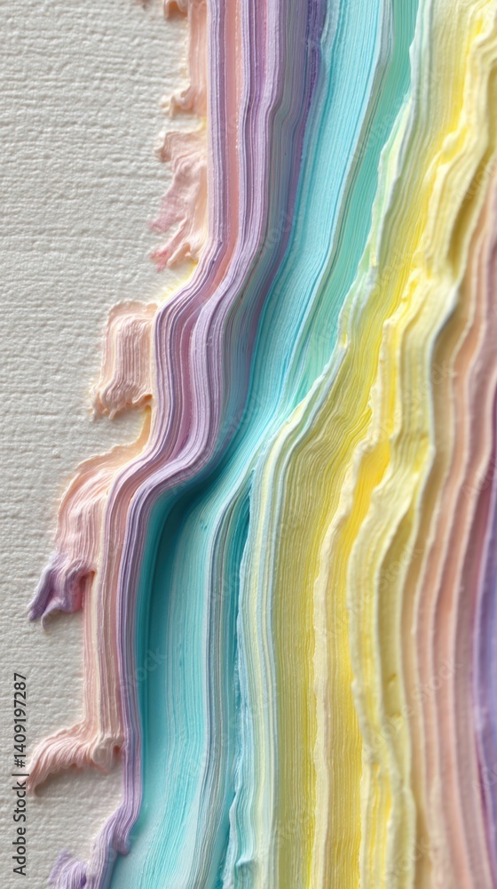Poster pastel rainbow cascade of textured paint on canvas abstract art background with soft light and delic