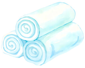 Watercolor illustration of stacked rolled white towels on a transparent background.