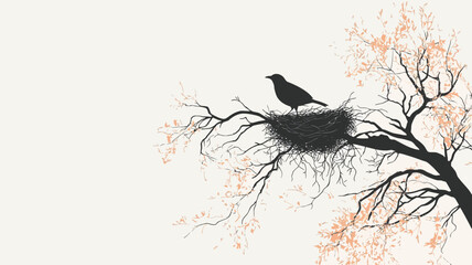The image is a minimalist illustration featuring a black silhouette of a bird perched on a branch of a bare tree.  A nest is visible beneath the bird. The tree branches are detailed