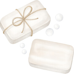 Watercolor illustration of two soap bars and bath pearls on a transparent background.