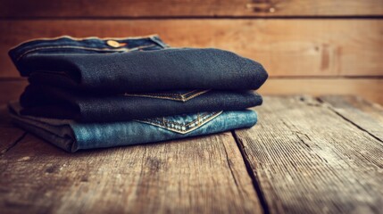 Stack of Folded Denim Jeans on Rustic Wooden Table Surface in Warm Light Casual Apparel Still Life