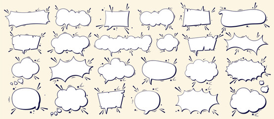 Big collection of empty black and white comic speech bubbles and tiny dark details.