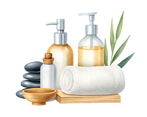 Watercolor spa still life with towel, oils, stones, and bowl on a transparent background.