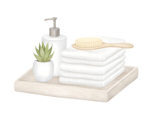 Watercolor spa still life with towels, soap, brush, and plant on a transparent background.