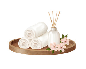 Watercolor spa tray with rolled towels, diffuser, and flowers on a transparent background.