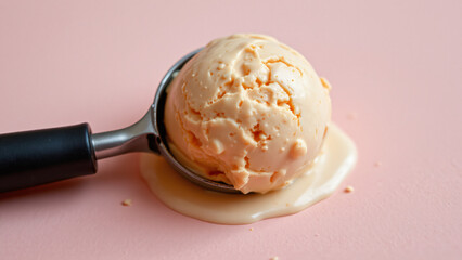 A slightly melted ice cream scoop, pale peach in color, creating a small puddle on the light pink surface. The soft, diffused lighting highlights the textures of the ice cream as it begins to soften.