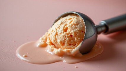 A slightly melted ice cream scoop, pale peach in color, creating a small puddle on the light pink surface. The soft, diffused lighting highlights the textures of the ice cream as it begins to soften.