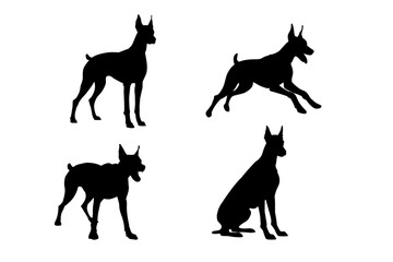 Doberman vector silhouette set – running, sitting, standing, snarling,Hand drawn dog vector.