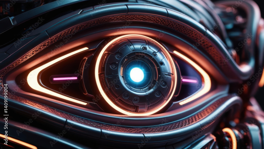 Poster futuristic design featuring intelligent eye with intricate details and glowing elements that captiva