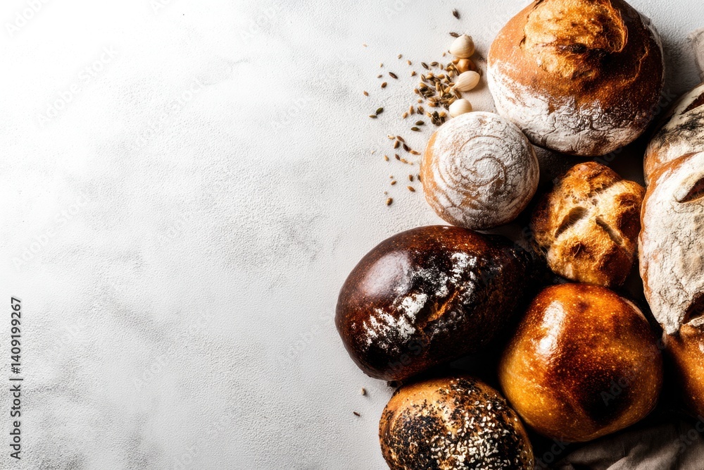 Poster assortment of freshly baked bread rolls displayed on a textured white surface in a flat lay style fo