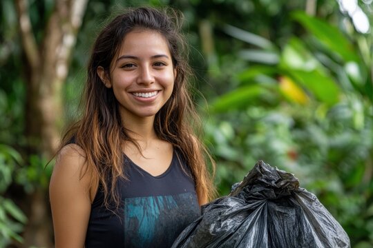 Young volunteer collecting garbage in tropical forest smiling at camera - Powered by Adobe