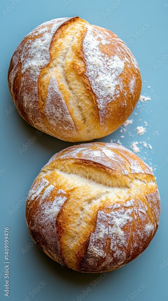 Poster two rustic loaves of sourdough bread on a blue background showcasing golden crust and flour dusting 