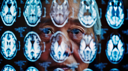 Elderly woman with concerned expression symbolizing dementia risk and memory loss, brain scan in background representing cognitive decline and aging health issues.