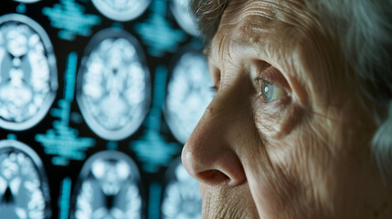 Elderly woman with concerned expression symbolizing dementia risk and memory loss, brain scan in background representing cognitive decline and aging health issues.