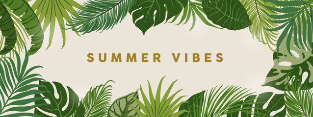 Fototapeta premium Tropical leaves framed background. Jungle and rainforest leaf, exotic palm, fern and monstera foliage, greenery, horizontal panoramic banner. Fresh green summer nature design. Flat vector illustration
