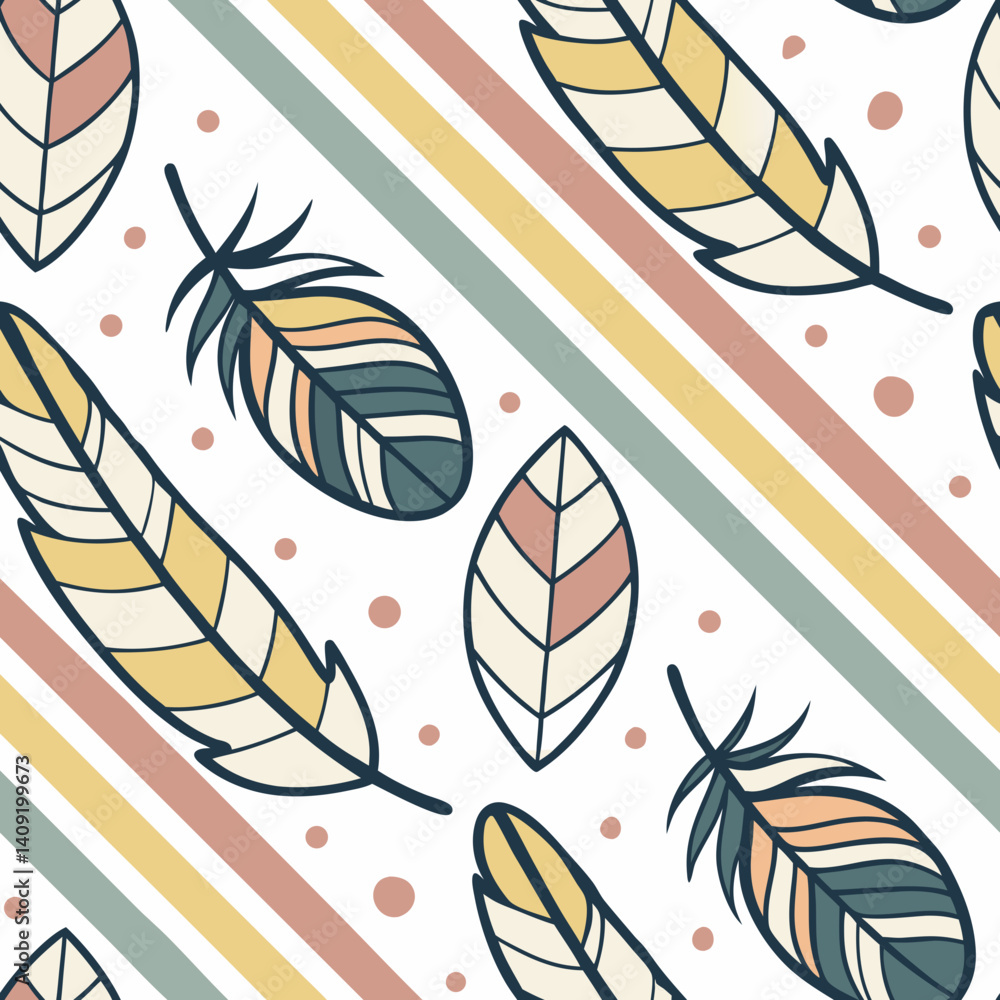Poster seamless vector pattern of colorful feathers and leaves