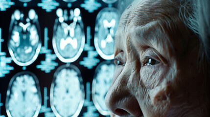 Elderly woman with concerned expression symbolizing dementia risk and memory loss, brain scan in background representing cognitive decline and aging health issues.