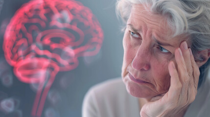 Elderly woman with concerned expression symbolizing dementia risk and memory loss, brain scan in background representing cognitive decline and aging health issues.