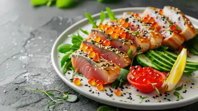 healthy food tuna salad and red caviar. selective focus