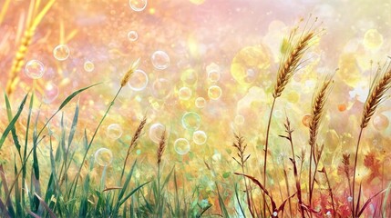 A vibrant summer field of golden wheat under a bright blue sky, with floating soap bubbles reflecting sunlight. A dreamy and refreshing nature scene full of warmth and beauty