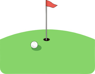 Vector graphic illustration of a golf course green. A flagstick with a golf ball rests on the putting surface