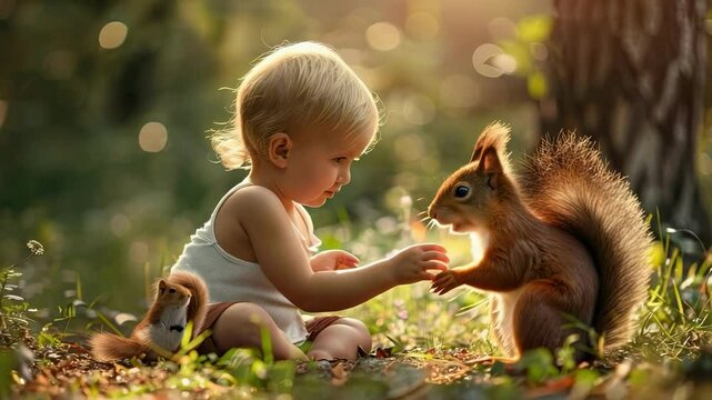 a child plays with a squirrel in the park. selective focus