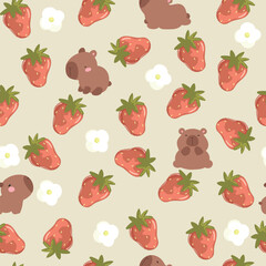 Seamless pattern with cute capybaras, strawberries and  white flowers, vector illustration.	
