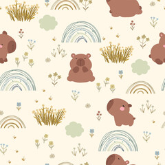 Capybara pattern with flowers, rainbows and bees. Vector illustration for wrapping paper, clothes, facbric,  for party.