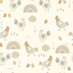 Seamless hand drawn pattern with chicken, small chiks, clouds, rainbows and hearts. Vector illustration with cute farm animals and plants © Юлия Ткачук