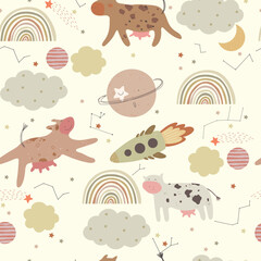 Seamless pattern with cute cows, stars, planets, space sheap, clouds and rainbows. Vector illustrtaion with cute animals and space.  © Юлия Ткачук