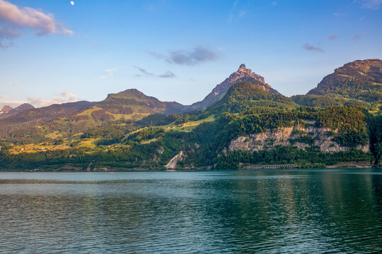 Scenic view of Muertschenstock mountain and Lake Walensee in Switzerland