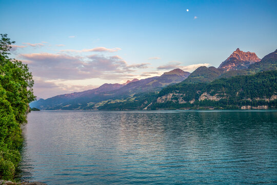 Scenic view of Muertschenstock mountain and Lake Walensee in Switzerland