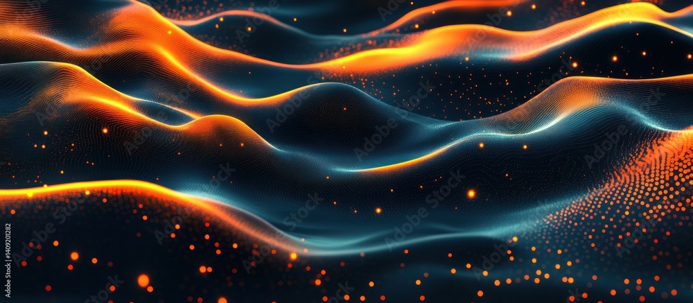 Poster abstract glowing particle waves with dynamic orange and teal gradients