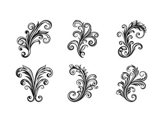Vintage floral swirl corner ornament silhouette design on white background