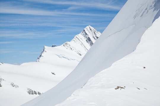 Steep snow-covered mountain ridges from high pass (Obers M&ouml;nchsjoch)