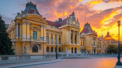 Obraz premium Historic building at sunrise, city landmark, golden hour, serene atmosphere