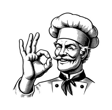 recommend clip art: Chef with mustache wearing hat gesturing okay sign in black and white line art illustration