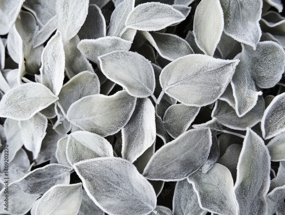Poster delicate frosted leaves create a serene winter scene with intricate ice crystal patterns and soft li