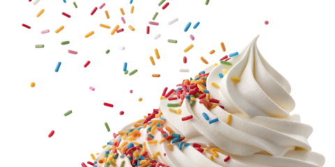 Whimsical Ice Cream: Captivating shot of soft serve ice cream adorned with vibrant sprinkles, a simple yet delightful image perfect for evoking a sense of joy and celebration.