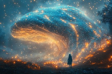 Obraz premium Person stands before a swirling cosmic entity with stars and glowing lights.
