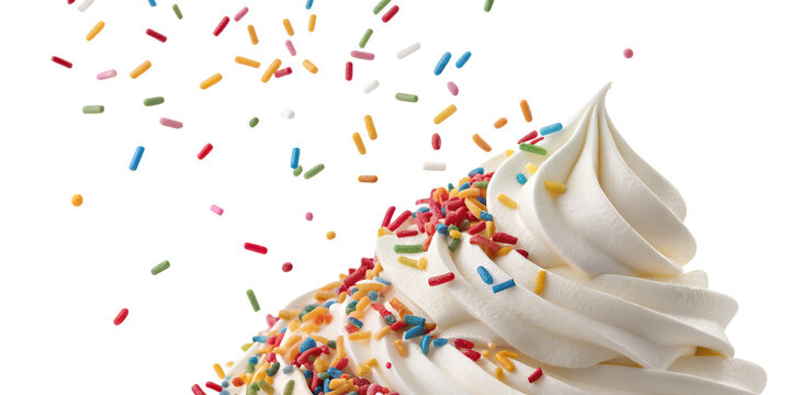 Whimsical Ice Cream: Captivating shot of soft serve ice cream adorned with vibrant sprinkles, a simple yet delightful image perfect for evoking a sense of joy and celebration.