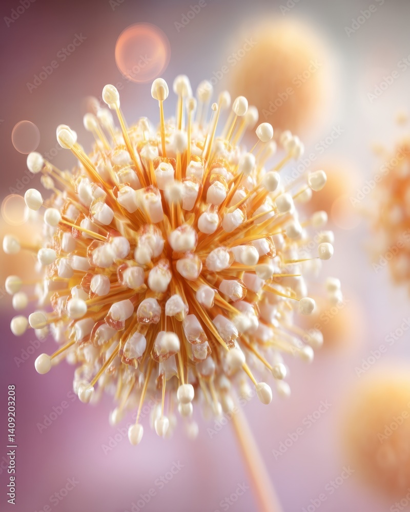 Aufkleber captivating macro shot of a spherical flower with delicate white buds and golden stems on a soft bok
