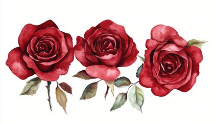 Three Dark Red Roses Watercolor Painting Botanical Floral Illustration for Design