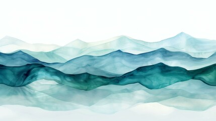 Abstract Watercolor Landscape Painting of Mountain Ranges with Blue and Turquoise Hues