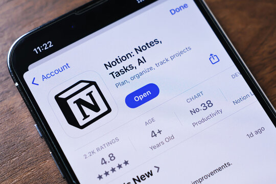 Poznan, Poland - March 26, 2025: Smartphone screen showing Notion app for managing notes, tasks, and projects with AI support