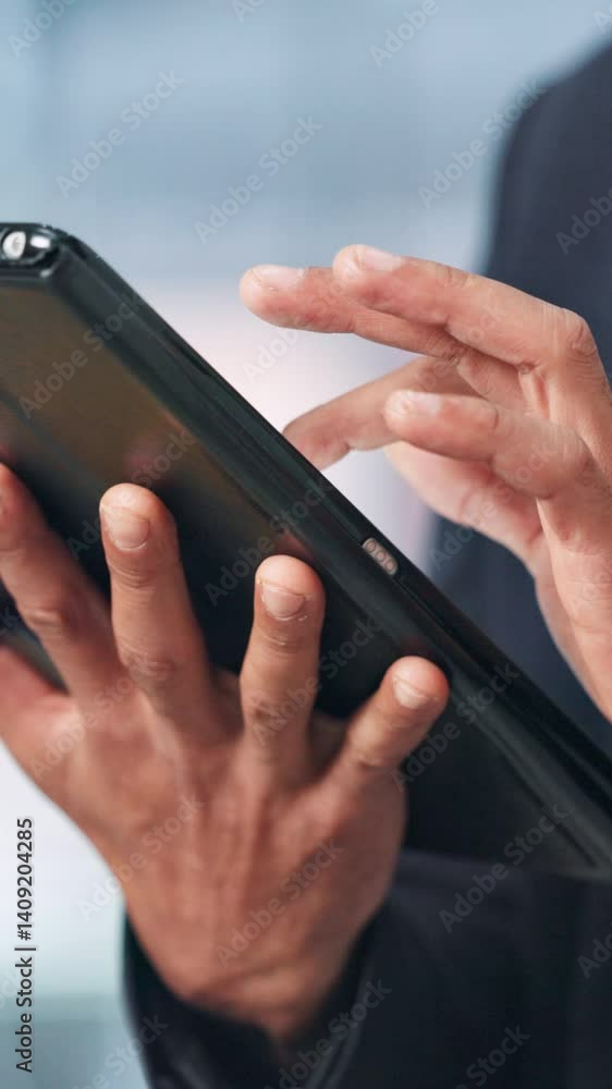 Poster hands, tablet and typing of business person on internet for report or feedback in office. email, web