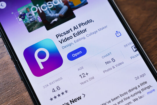 Poznan, Poland - March 26, 2025: Smartphone screen showing Picsart AI editor app used for creative photo and video editing tools